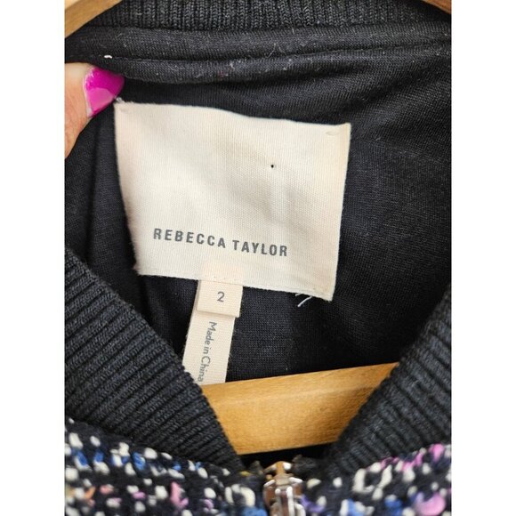 Rebecca Taylor Multi Tweed Bomber Jacket Womens 2 Black Zip Front Pockets - Picture 2 of 6